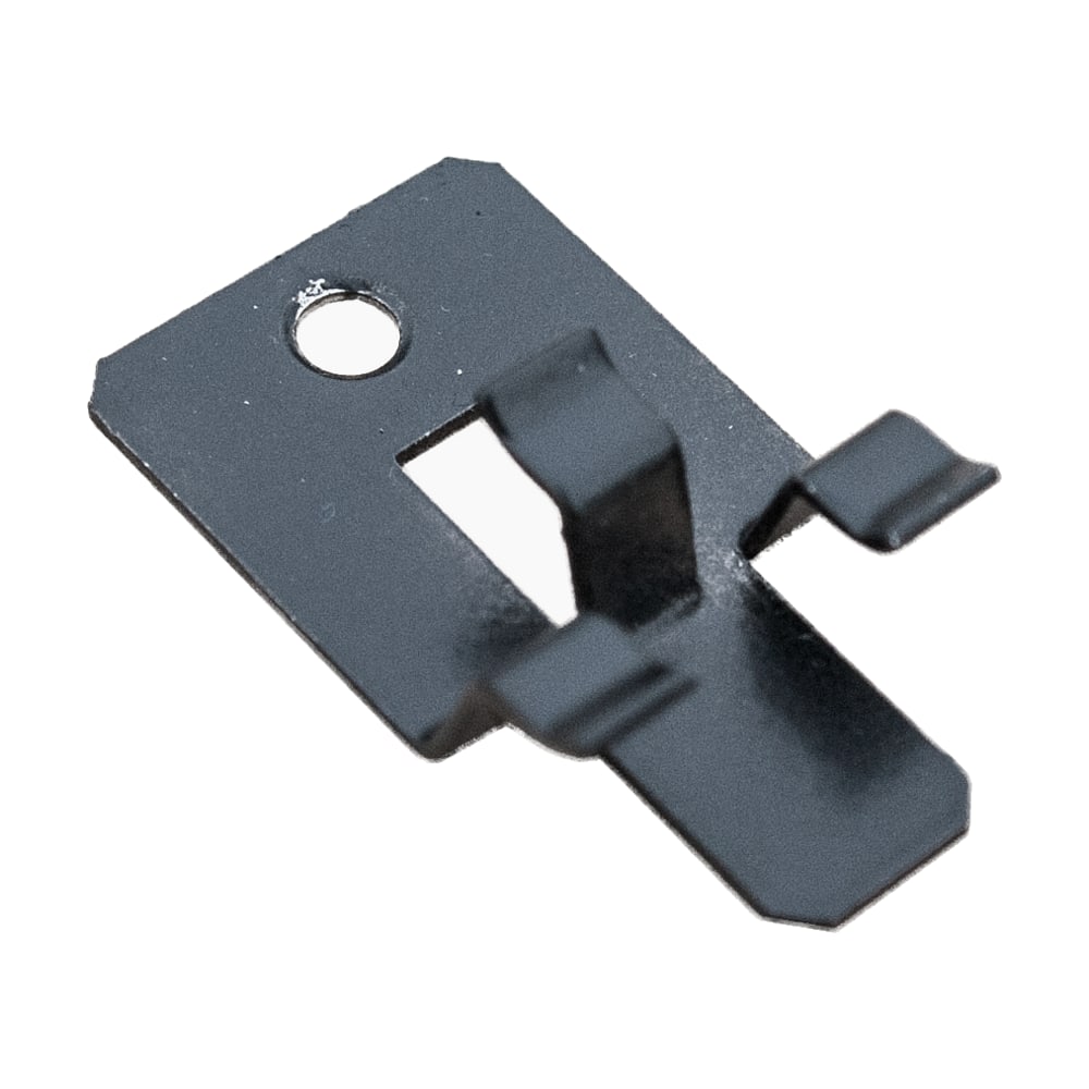 Clip Gardin Deco din metal negru, cu orificiu pentru șurub și aripi îndoite care prind canalele plăcilor Clip Gardin Deco din metal negru, cu orificiu pentru șurub și aripi îndoite care prind canalele plăcilor