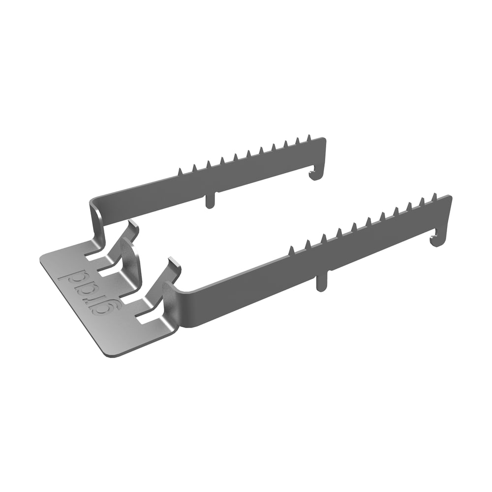 Clip Grip din inox, cu talpă plată și două brațe lungi cu dinți, care prind placa de terasă pe profil Clip Grip din inox, cu talpă plată și două brațe lungi cu dinți, care prind placa de terasă pe profil