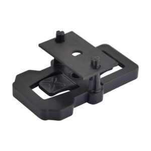 Clip Ligo S din plastic negru, cu placă superioară găurită, două știfturi în cruce și clapetă cu X în bază