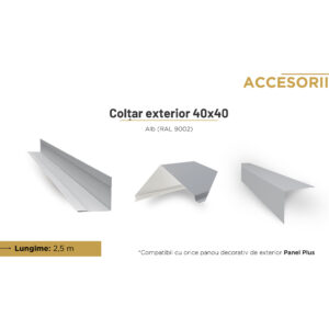 Colțar exterior din tablă de 40 × 40 mm, alb RAL 9002, prezentat din trei unghiuri, cu lungimea de 2,5 m
