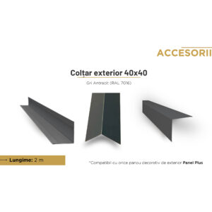 Colțar exterior din tablă de 40 × 40 mm, gri antracit RAL 7016, văzut din trei unghiuri, cu lungimea de 2 m