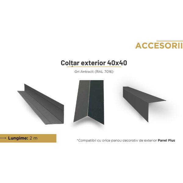 Colțar exterior din tablă de 40 × 40 mm, gri antracit RAL 7016, văzut din trei unghiuri, cu lungimea de 2 m