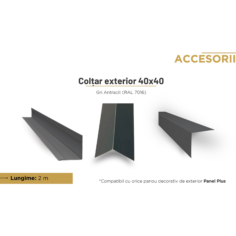 Colțar exterior gri antracit RAL 7016, 2 m Colțar exterior din tablă de 40 × 40 mm, gri antracit RAL 7016, văzut din trei unghiuri, cu lungimea de 2 m