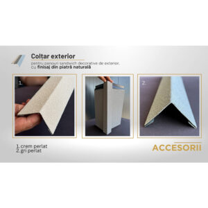 Colțar exterior cu finisaj mineral granulat ținut în mână și un colț de placare demonstrativ
