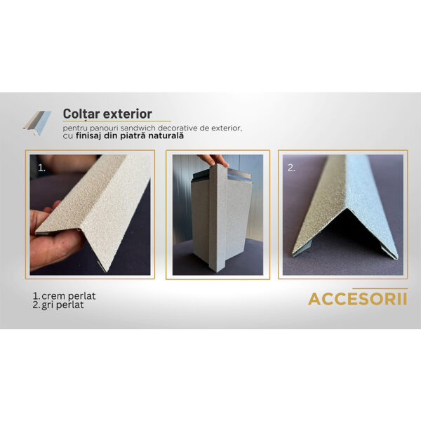 Colțar exterior cu finisaj mineral granulat ținut în mână și un colț de placare demonstrativ