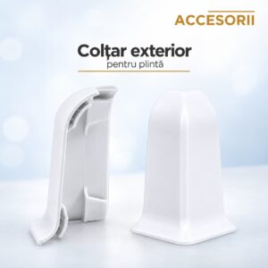 Colțar exterior alb din PVC pentru plintă, văzut din spate și din față