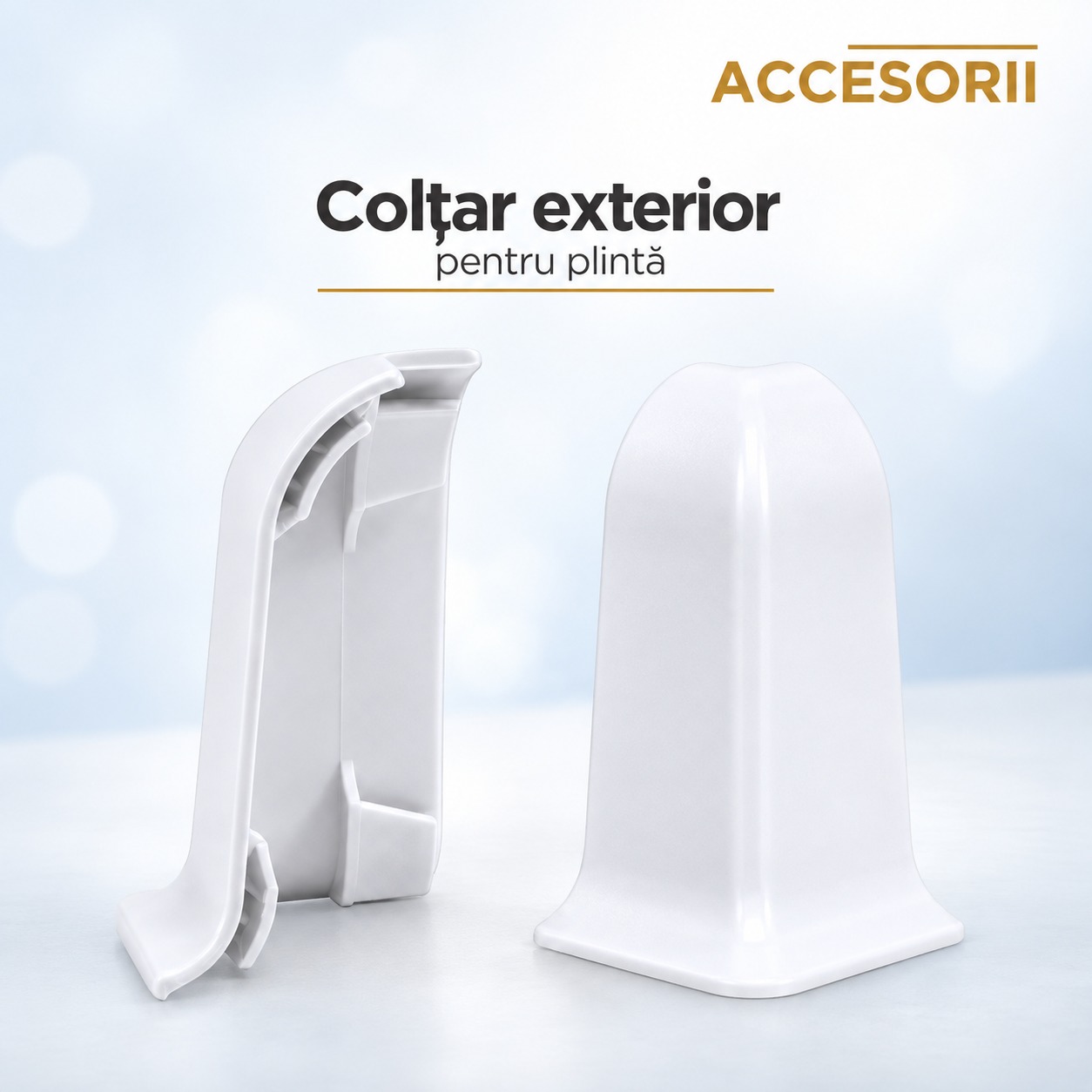 Colțar exterior alb pentru plintă PVC Colțar exterior alb din PVC pentru plintă, văzut din spate și din față