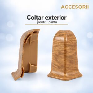 Colțar exterior din PVC pentru plintă, cu aspect de stejar natur, văzut din spate și din față