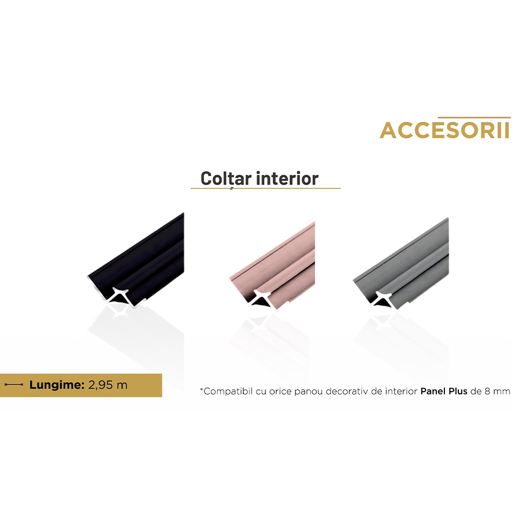Colțar interior din aluminiu pentru panouri de 8 mm, gama de culori Colțare interioare din aluminiu în negru, roz și argintiu, cu lungimea de 2,95 m, pentru panouri Panel Plus de 8 mm