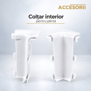 Colțar interior alb din PVC pentru plintă, văzut din față și din spate, cu cleme de prindere