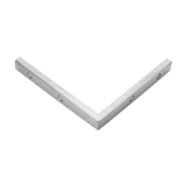 Colțar Relo E din aluminiu periat, în formă de L, cu câte două găuri pentru șuruburi pe fiecare braț