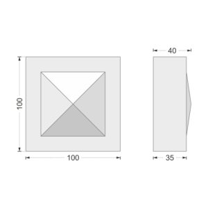 Desenul cotat al consolei decorative AC-931, vedere din față și din profil: 10 x 10 x 4 cm