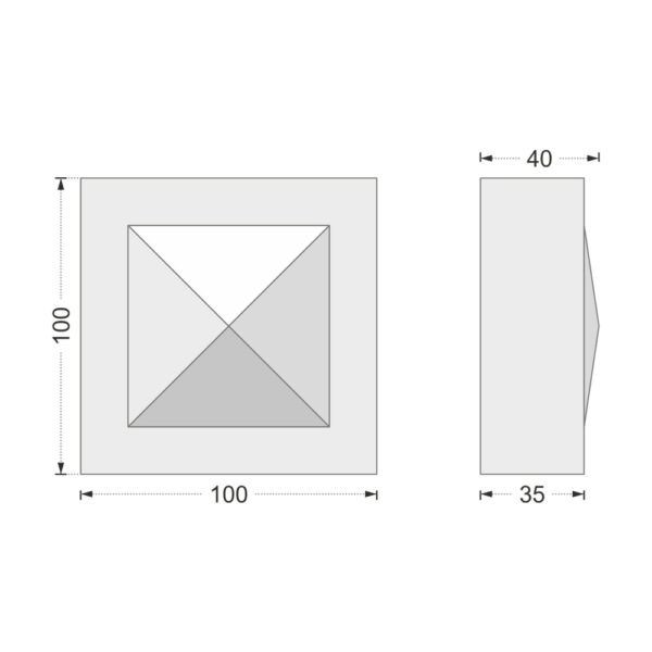 Desenul cotat al consolei decorative AC-931, vedere din față și din profil: 10 x 10 x 4 cm