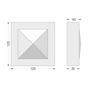Desenul cotat al consolei decorative AC-932, vedere din față și din profil: 12,5 x 12,5 x 4 cm