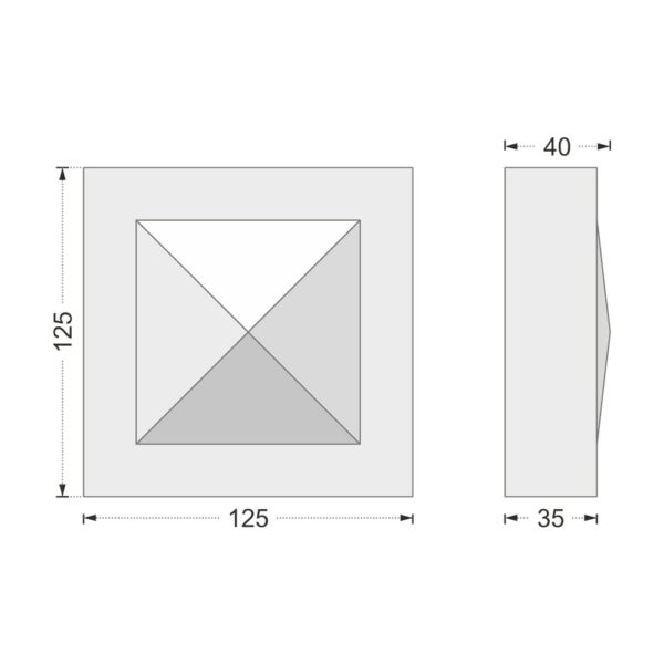 Desenul cotat al consolei decorative AC-932, vedere din față și din profil: 12,5 x 12,5 x 4 cm