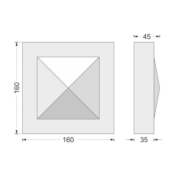 Desenul cotat al consolei decorative AC-933, vedere din față și din profil: 16 x 16 x 4,5 cm