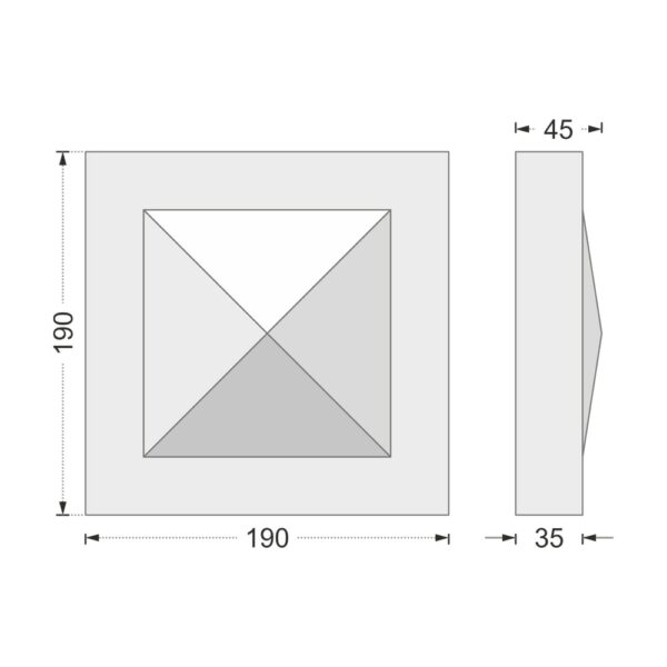 Desenul cotat al consolei decorative AC-934, vedere din față și din profil: 19 x 19 x 4,5 cm