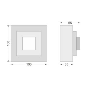 Desenul cotat al consolei decorative AC-935, vedere din față și din profil: 10 x 10 x 5,5 cm