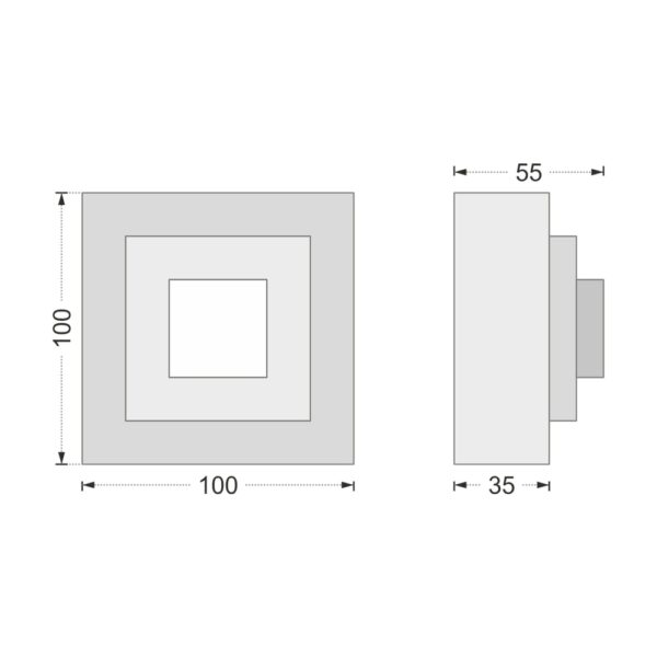 Desenul cotat al consolei decorative AC-935, vedere din față și din profil: 10 x 10 x 5,5 cm