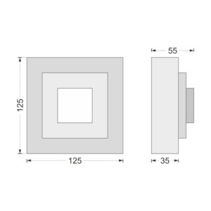 Desenul cotat al consolei decorative AC-936, vedere din față și din profil: 12,5 x 12,5 x 5,5 cm