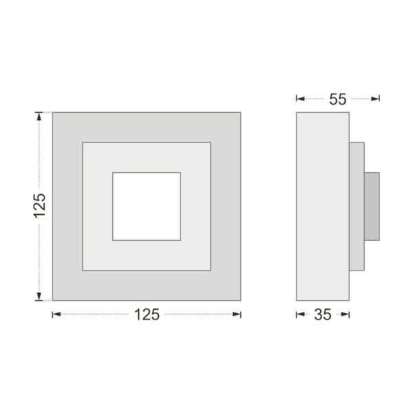 Desenul cotat al consolei decorative AC-936, vedere din față și din profil: 12,5 x 12,5 x 5,5 cm