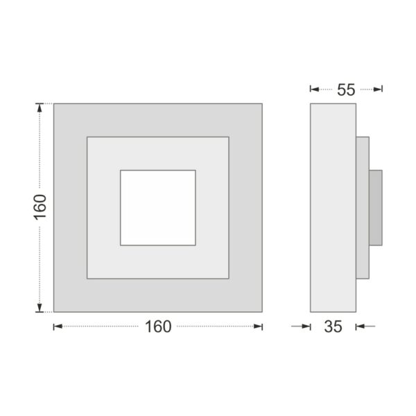 Desenul cotat al consolei decorative AC-937, vedere din față și din profil: 16 x 16 x 5,5 cm