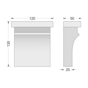 Desenul cotat al consolei decorative AC-939, vedere din față și din profil: 13 x 12 x 5 cm