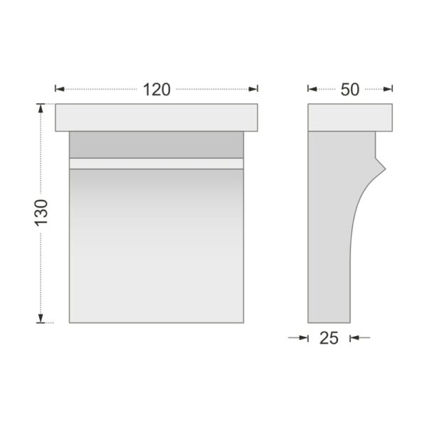 Desenul cotat al consolei decorative AC-939, vedere din față și din profil: 13 x 12 x 5 cm