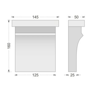 Desenul cotat al consolei decorative AC-940, vedere din față și din profil: 16 x 14,5 x 5 cm