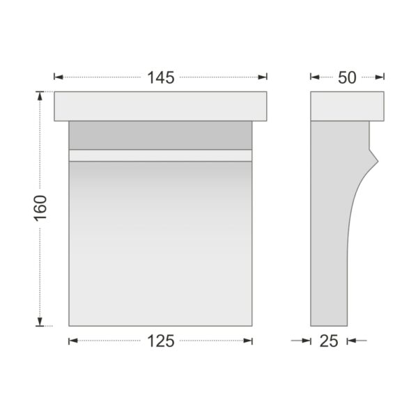 Desenul cotat al consolei decorative AC-940, vedere din față și din profil: 16 x 14,5 x 5 cm