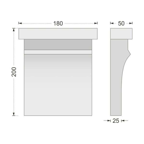 Desenul cotat al consolei decorative AC-941, vedere din față și din profil: 20 x 18 x 5 cm