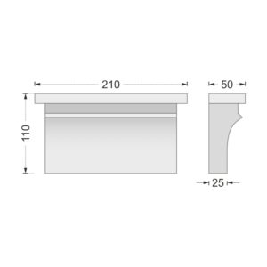 Desenul cotat al consolei decorative AC-942, vedere din față și din profil: 11 x 21 x 5 cm