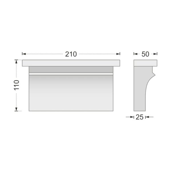 Desenul cotat al consolei decorative AC-942, vedere din față și din profil: 11 x 21 x 5 cm