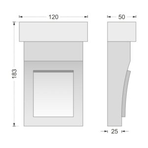 Desenul cotat al consolei decorative AC-943, vedere din față și din profil: 18,3 x 12 x 5 cm