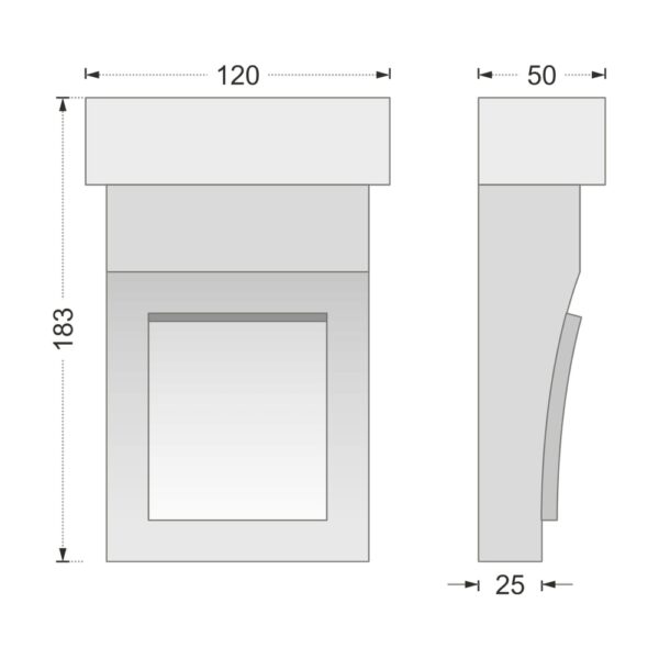 Desenul cotat al consolei decorative AC-943, vedere din față și din profil: 18,3 x 12 x 5 cm