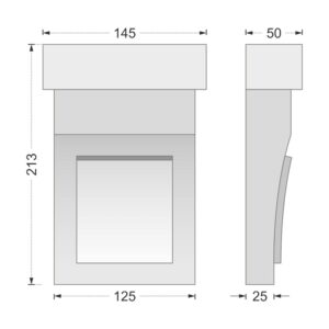 Desenul cotat al consolei decorative AC-944, vedere din față și din profil: 21,3 x 14,5 x 5 cm