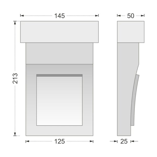 Desenul cotat al consolei decorative AC-944, vedere din față și din profil: 21,3 x 14,5 x 5 cm