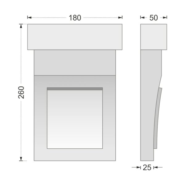 Desenul cotat al consolei decorative AC-945, vedere din față și din profil: 26 x 18 x 5 cm