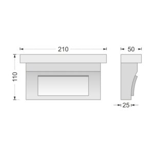 Desenul cotat al consolei decorative AC-946, vedere din față și din profil: 11 x 21 x 5 cm