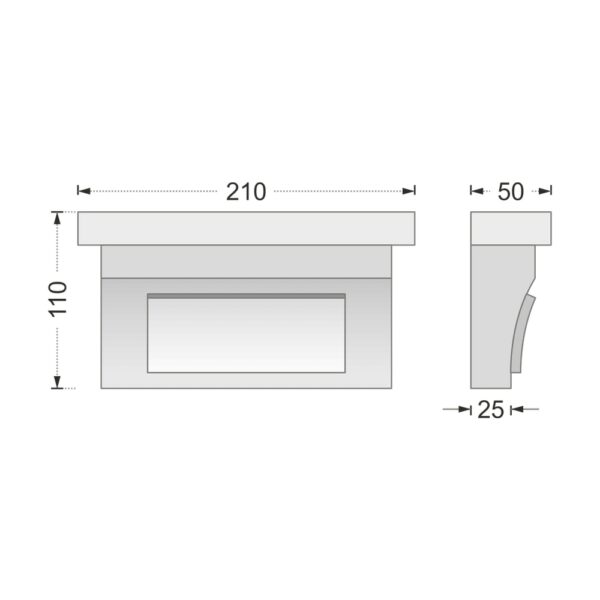 Desenul cotat al consolei decorative AC-946, vedere din față și din profil: 11 x 21 x 5 cm