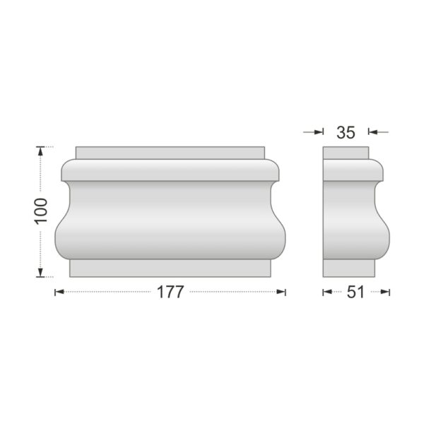 Desenul cotat al consolei decorative AC-948, vedere din față și din profil: 10 x 17,7 x 5,1 cm