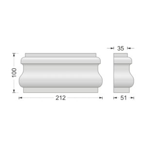 Desenul cotat al consolei decorative AC-949, vedere din față și din profil: 10 x 21,2 x 5,1 cm