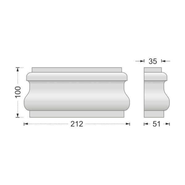 Desenul cotat al consolei decorative AC-949, vedere din față și din profil: 10 x 21,2 x 5,1 cm