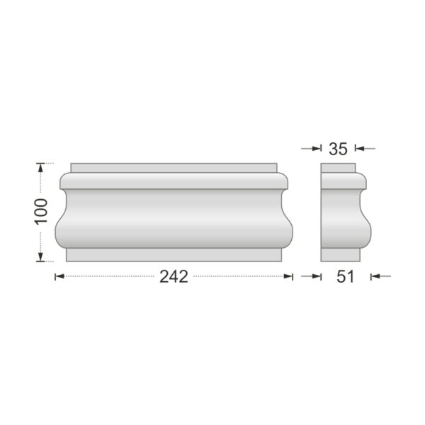 Desenul cotat al consolei decorative AC-950, vedere din față și din profil: 10 x 24,2 x 5,1 cm