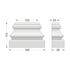 Desenul cotat al consolei decorative AC-951, vedere din față și din profil: 11,5 x 16,6 x 5,8 cm
