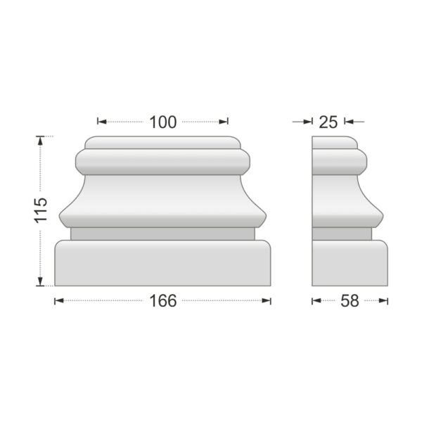 Desenul cotat al consolei decorative AC-951, vedere din față și din profil: 11,5 x 16,6 x 5,8 cm
