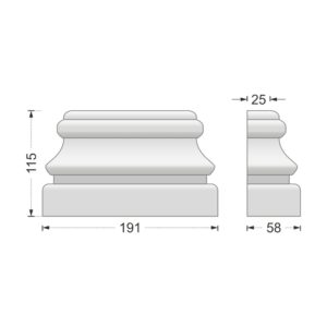 Desenul cotat al consolei decorative AC-952, vedere din față și din profil: 11,5 x 19,1 x 5,8 cm