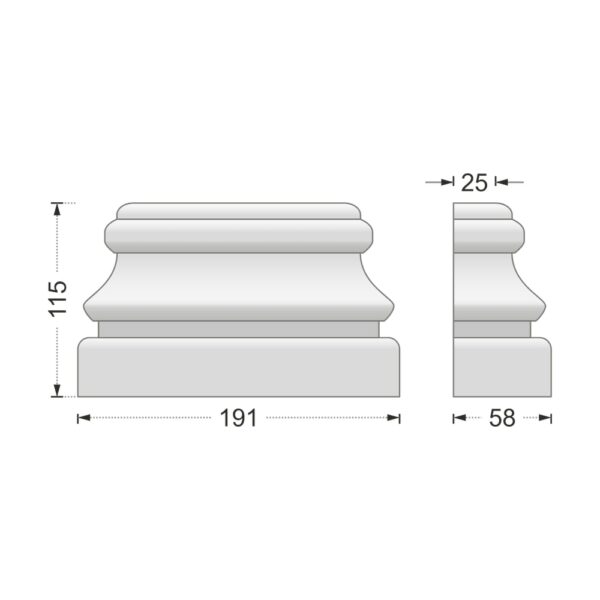 Desenul cotat al consolei decorative AC-952, vedere din față și din profil: 11,5 x 19,1 x 5,8 cm