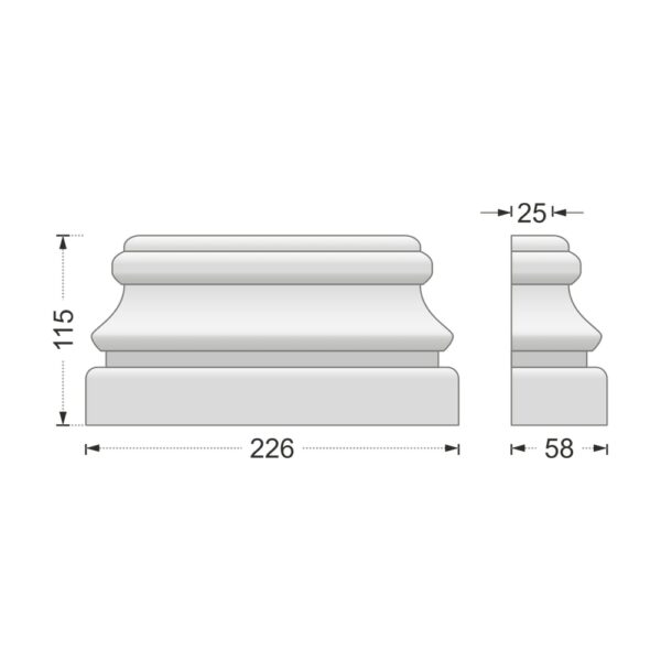 Desenul cotat al consolei decorative AC-953, vedere din față și din profil: 11,5 x 22,6 x 5,8 cm