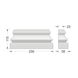 Desenul cotat al consolei decorative AC-954, vedere din față și din profil: 11,5 x 25,6 x 5,8 cm